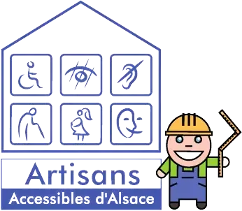 Logo pour Artisans Accessibles d'Alsace, avec des pictogrammes d’accessibilité et un ouvrier du bâtiment souriant tenant un outil.