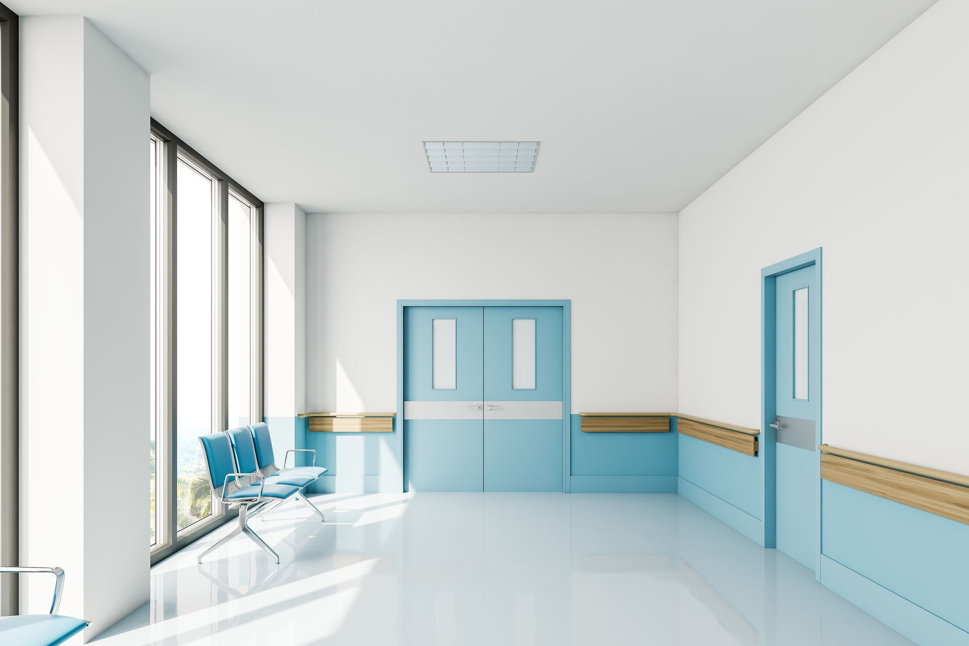 Intérieur d'un hôpital avec des sièges.