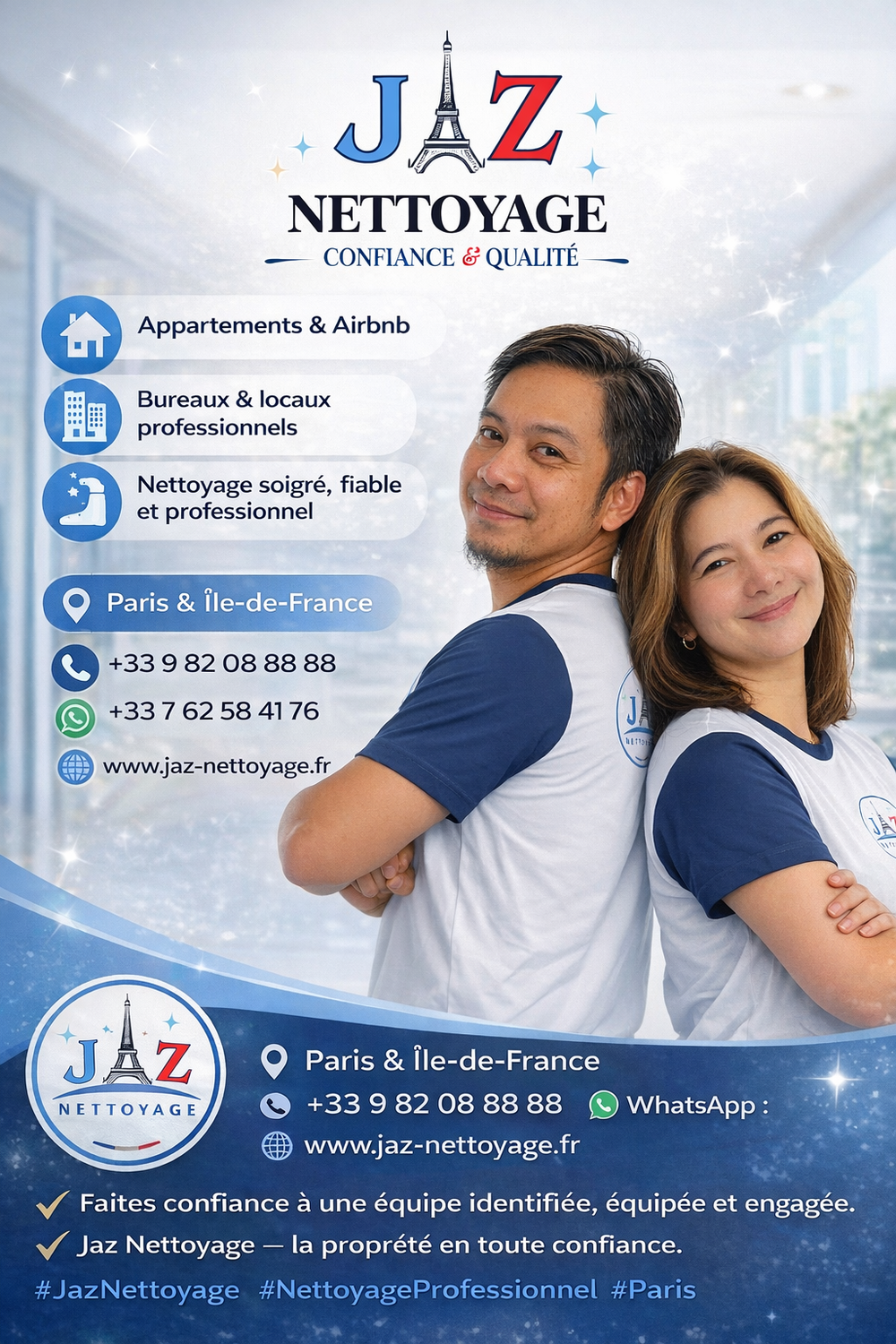 Publicité JAZ Nettoyage avec un homme et une femme souriants en uniformes bleus sur fond bleu
