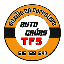 Logotipo circular de gr&uacute;a naranja y negro con &ldquo;AUTO GR&Uacute;AS TF5&rdquo; y el n&uacute;mero de tel&eacute;fono 616 138 547.