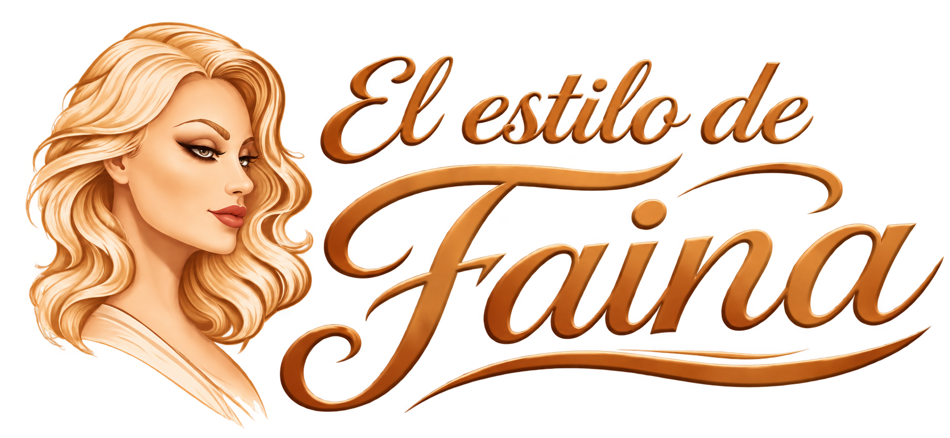 Logotipo con la ilustración de una mujer rubia y el texto «El estilo de Faina» en letra cursiva dorada.