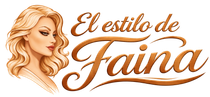 Logotipo con la ilustración de una mujer rubia y el texto «El estilo de Faina» en letra cursiva dorada.