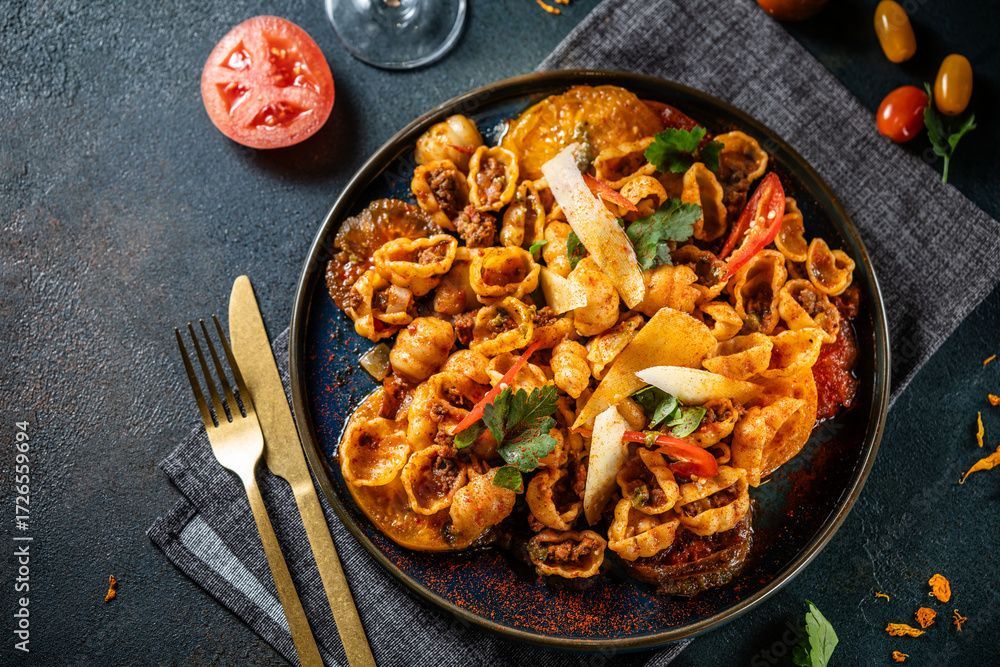 Pastagericht mit Tomaten und Petersilie, goldene Gabel und Messer auf blauem Grund.