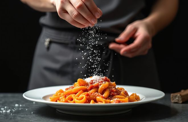 Zwei Pizzen auf Holzbrettern, Hände greifen hinein; umgeben von Zutaten und Tellern.