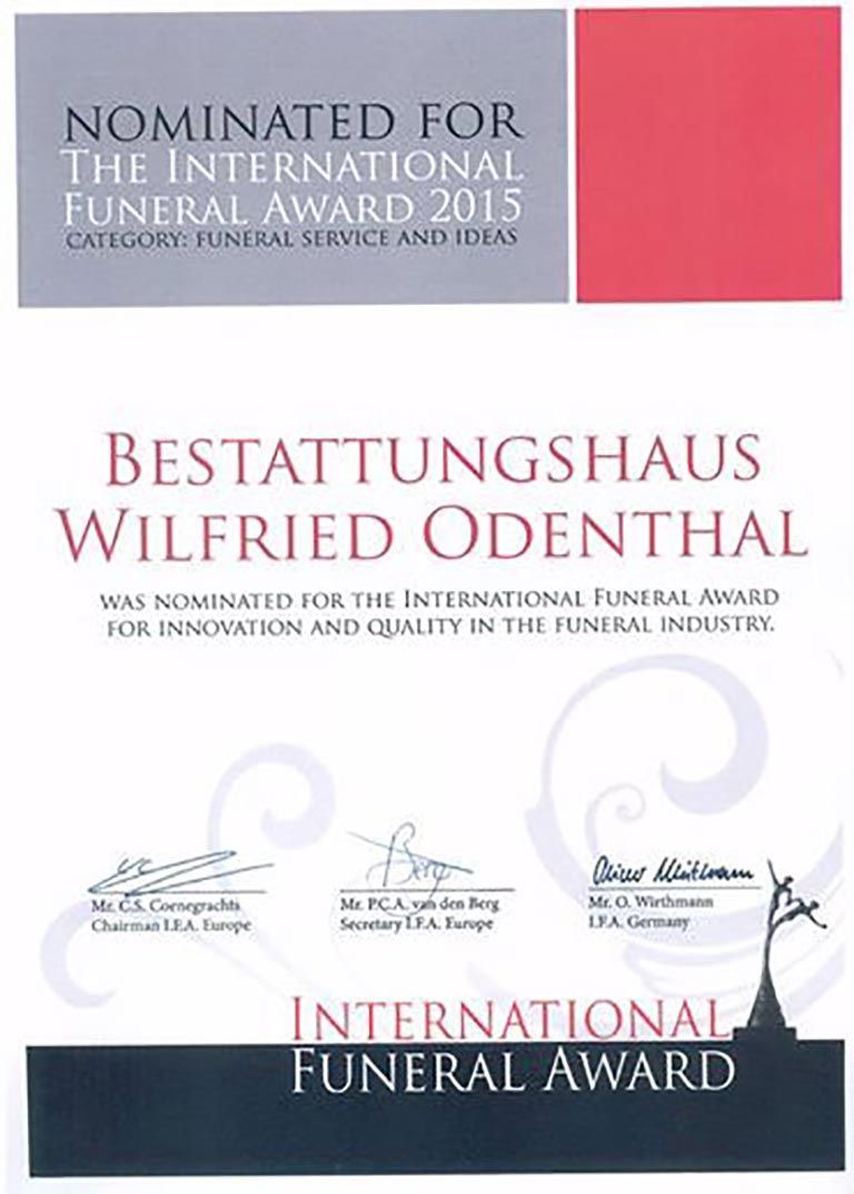 Eine Urkunde für den International Funeral Award 2015