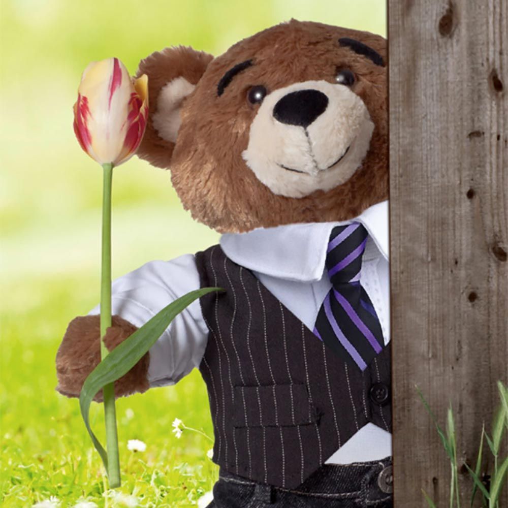 Ein Teddybär in Anzug und Krawatte hält eine Blume