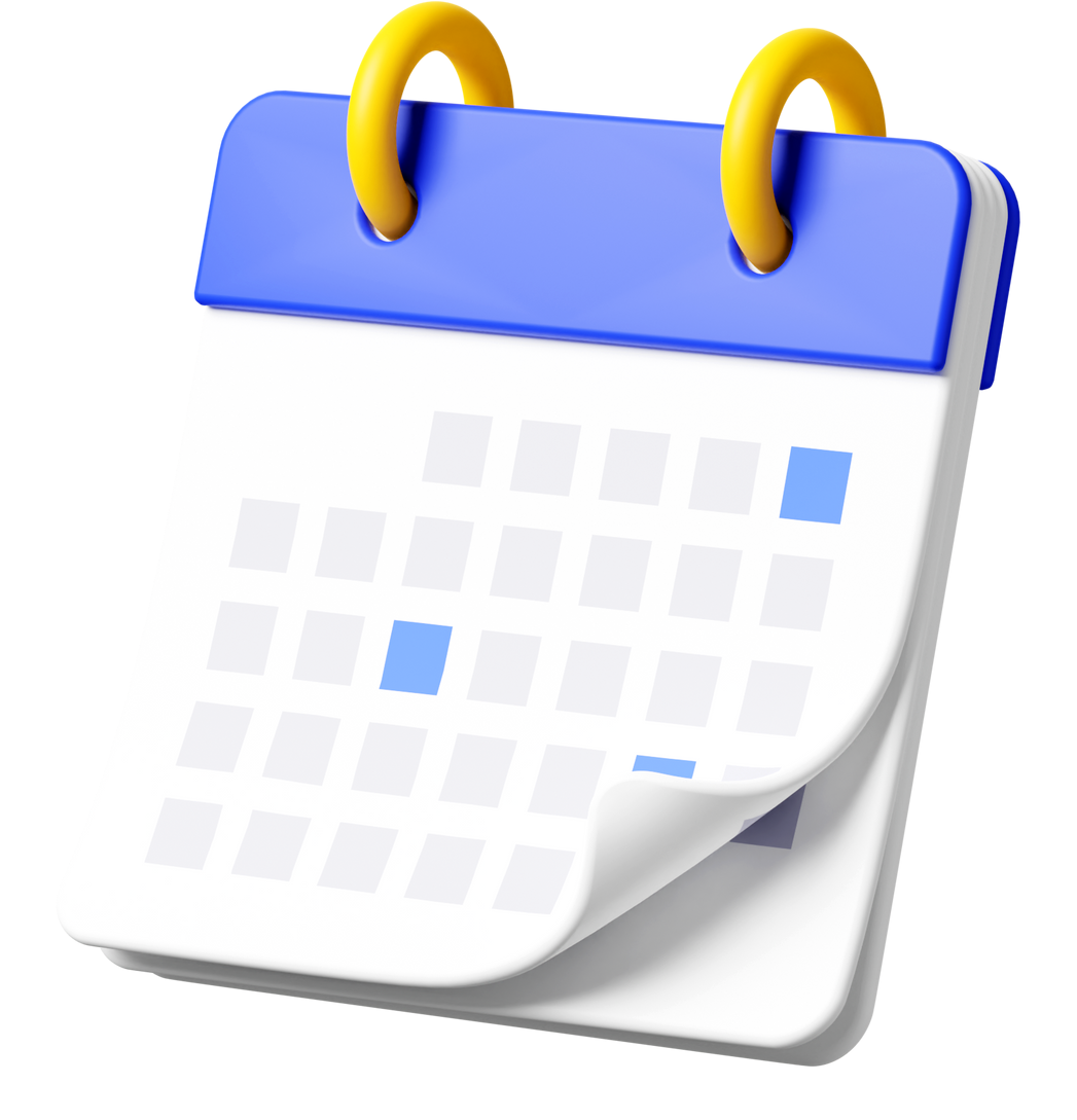 Calendrier 3D bleu et blanc avec reliure à anneaux jaunes.