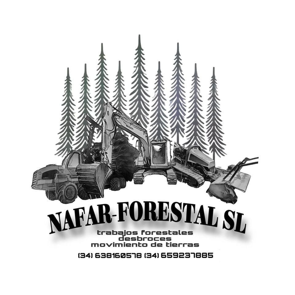 NAFAR-FORESTAL SL logo featuring forestry equipment and trees. Text: "trabajos forestales, desbroces