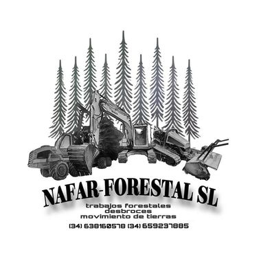 NAFAR-FORESTAL SL logo featuring forestry equipment and trees. Text: "trabajos forestales, desbroces