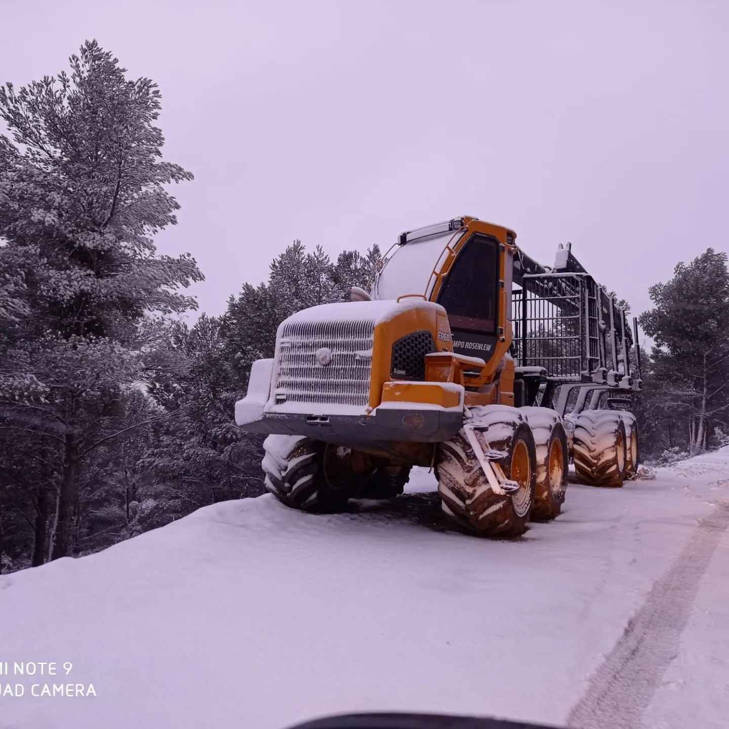 Cosechadora forestal amarilla en una carretera cubierta de nieve cerca de los árboles.