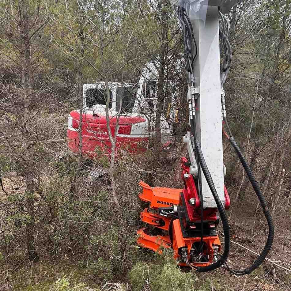 Una excavadora roja con un cabezal de corte limpiando la maleza en una zona boscosa.