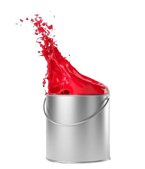 De la peinture rouge jaillit d'un pot de peinture argenté sur fond blanc.