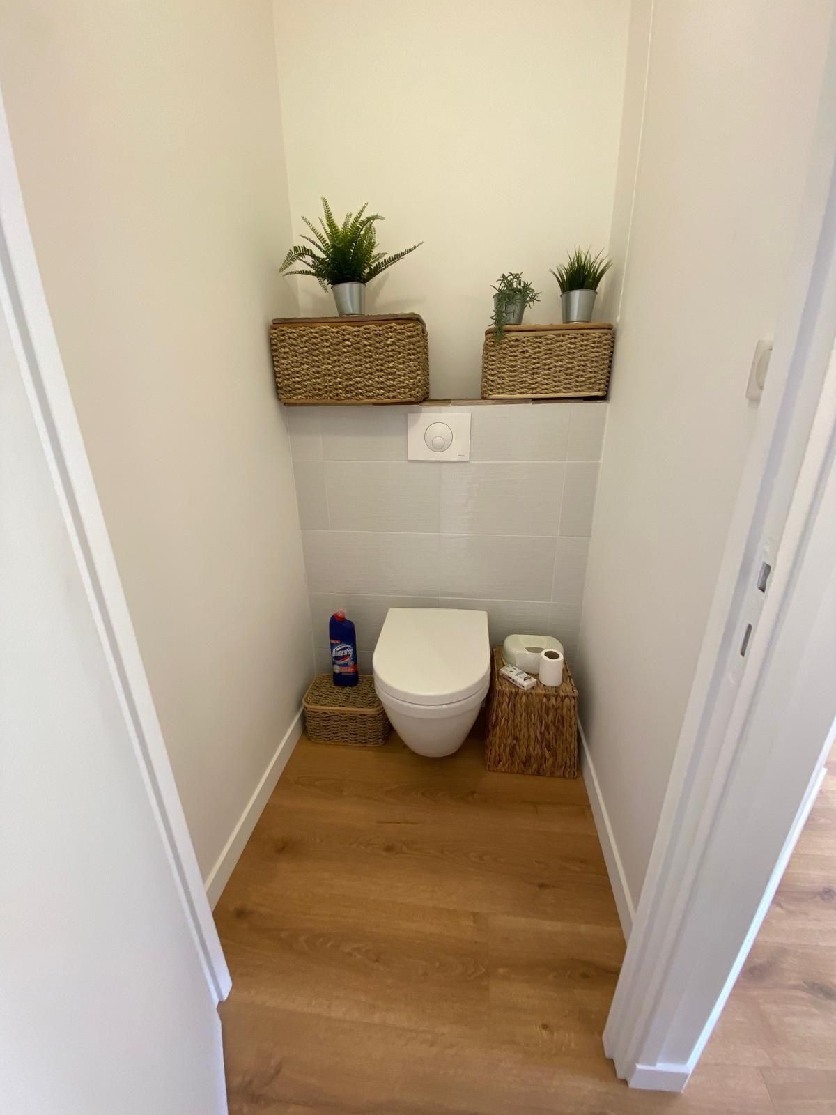 Petite salle de bains avec murs blancs, toilettes, étagères tressées avec plantes et parquet.