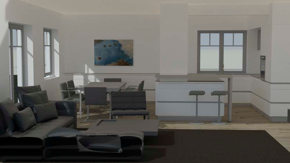 Hendlmeier Objektdesign Planung | Wohnbereich mit Küche im Hintergrund