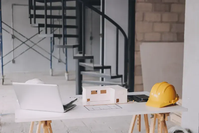 Mesa de trabajo con computadora portátil, planos, modelo de casa y casco amarillo en un sitio de construcción con escalera.