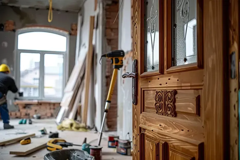 Renovación en proceso: puerta de madera en foco, trabajador en segundo plano, herramientas y materiales dispersos.