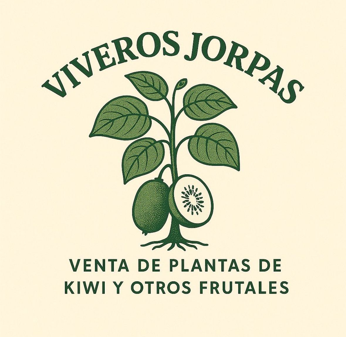Logo for viveros Jorpas: green plant with kiwi, text says "Viveros Jorpas," and "Venta de plantas de kiwi y otros frutales".