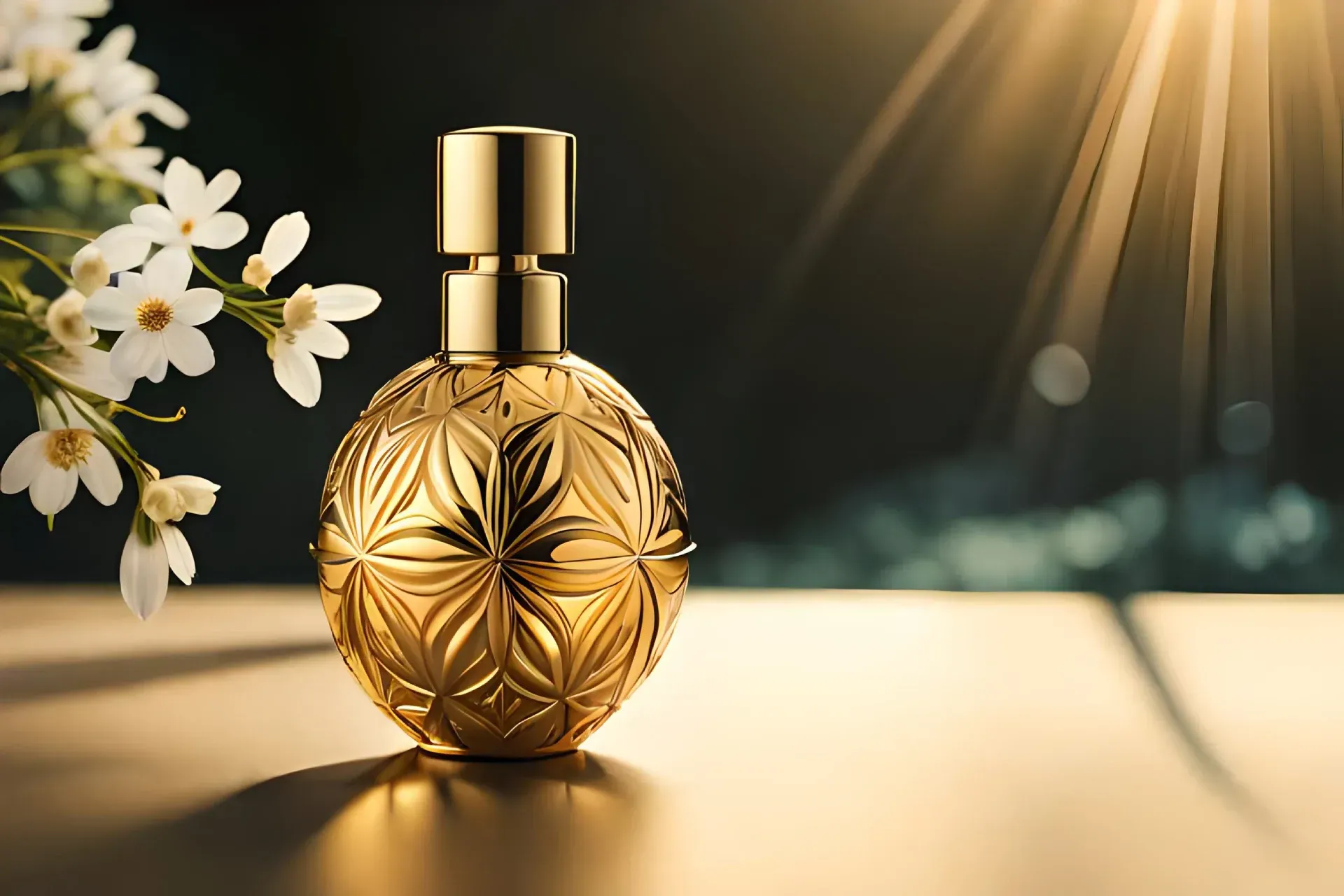 Variedad de frascos de perfume en cajas: rojos, dorados, negros y azules. En primer plano, una figurita de osito de peluche.