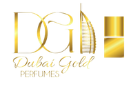 Logotipo dorado de Dubai Gold Perfumes. Presenta las letras doradas "DG", el contorno del Burj Al Arab y bloques dorados.