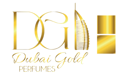 Logotipo dorado de Dubai Gold Perfumes. Presenta las letras doradas "DG", el contorno del Burj Al Arab y bloques dorados.