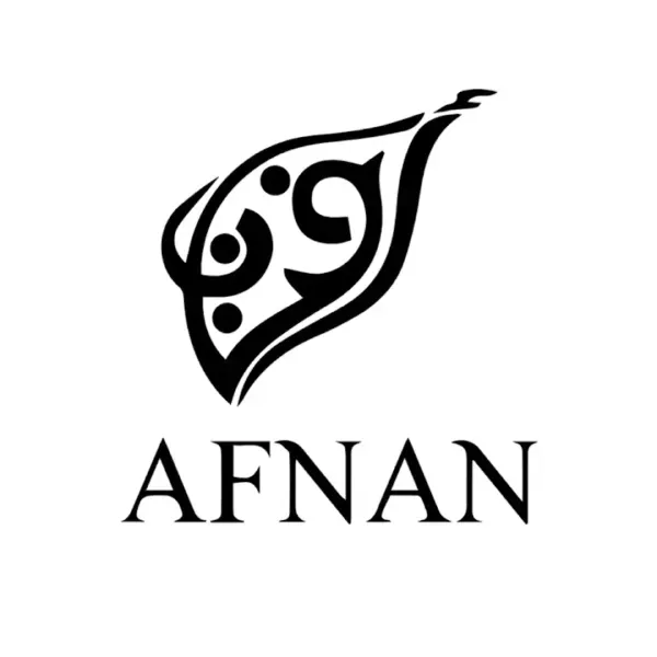 Logotipo negro de AFNAN con caligrafía árabe estilizada dentro de una forma de hoja.