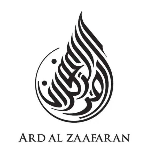 Logotipo de Ard Al Zaafaran: Caligrafía árabe dentro de una forma de lágrima. Nombre de la empresa debajo.