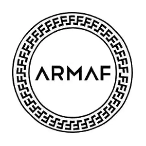 Logotipo de Armaf: texto negro dentro de un círculo, borde con forma de llave griega.