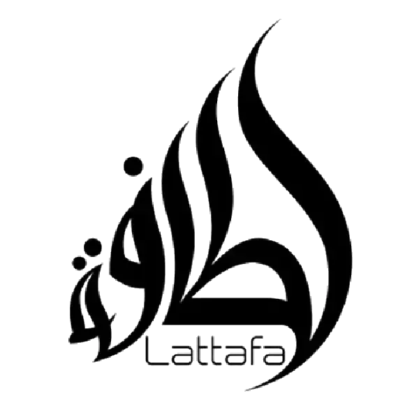 Logotipo de los perfumes Lattafa en estilo de caligrafía árabe, negro sobre fondo blanco.