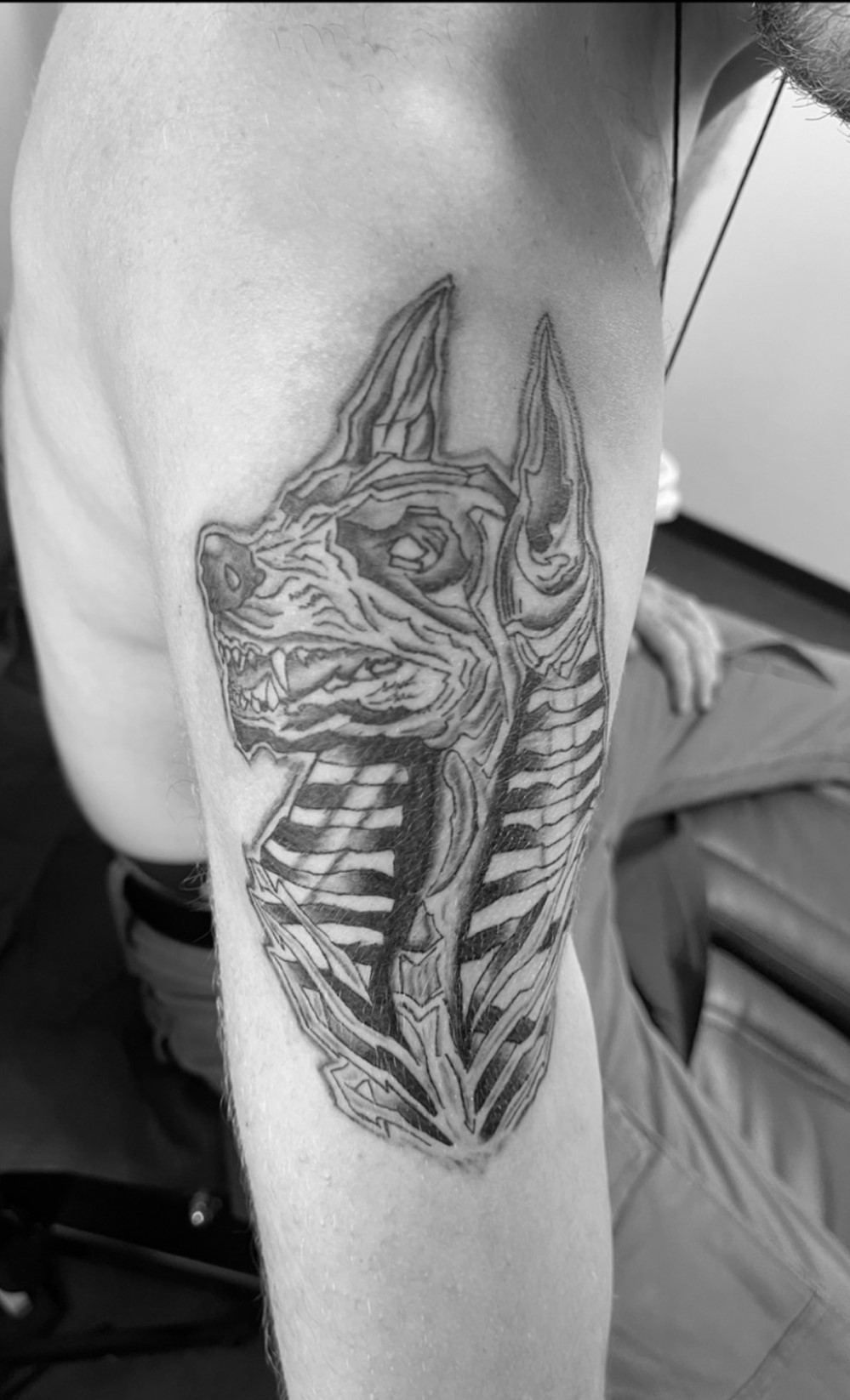 Anubis en Black and Gray, tatoué chez RG Tattoo à Yvonand