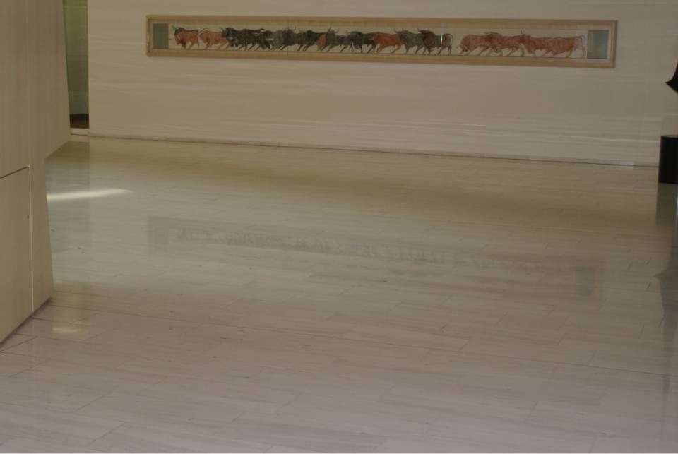 Ein langes, gerahmtes Kunstwerk, das mehrere Pferde in Bewegung darstellt, hing an einer schlichten Wand über einem spiegelnden, polierten Boden.