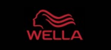 Logo Wella rosso su sfondo nero, con il profilo stilizzato di un volto dai capelli fluenti sopra il nome del marchio.