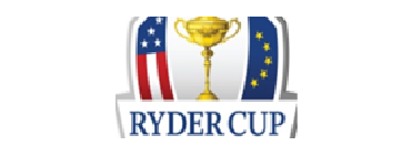 Un logotipo para la Ryder Cup con una bandera estadounidense y un trofeo.