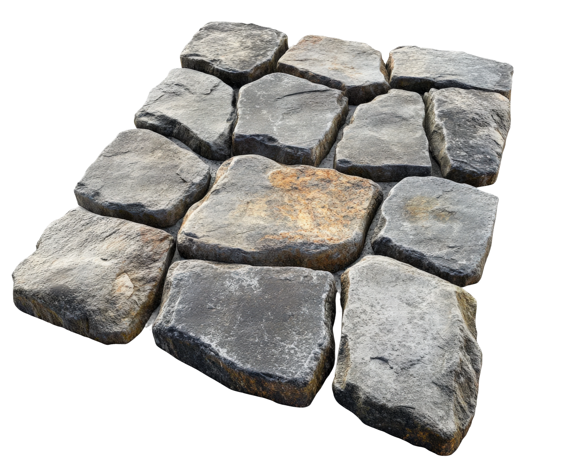 Dalles de pierre rectangulaires, grises et beiges.