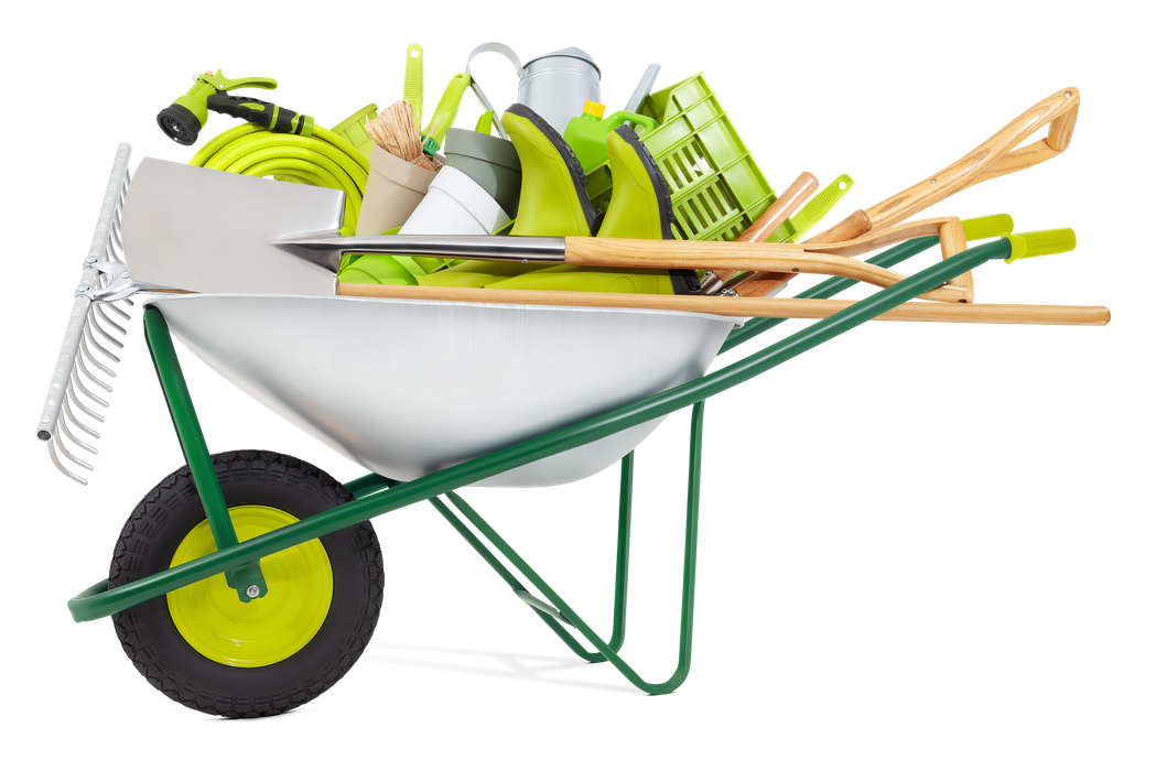 Une brouette remplie d'outils de jardinage vert.