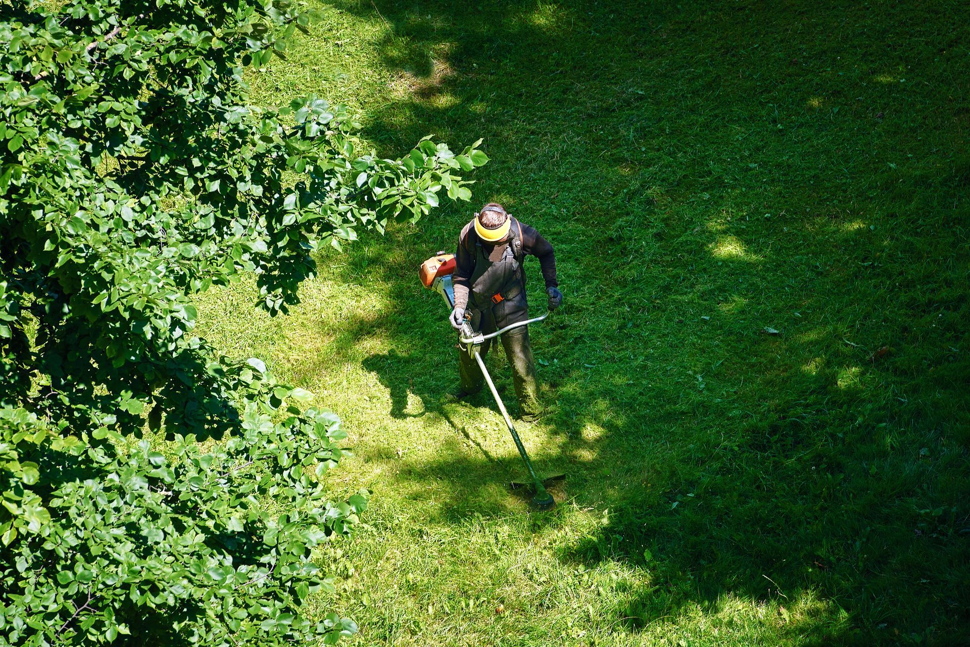 Une personne portant un chapeau jaune utilise un coupe-bordures pour dégager les hautes herbes.