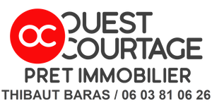 Logo de « Ouest Courtage Thibaut Baras » avec un cercle rouge contenant un symbole « OC » blanc.