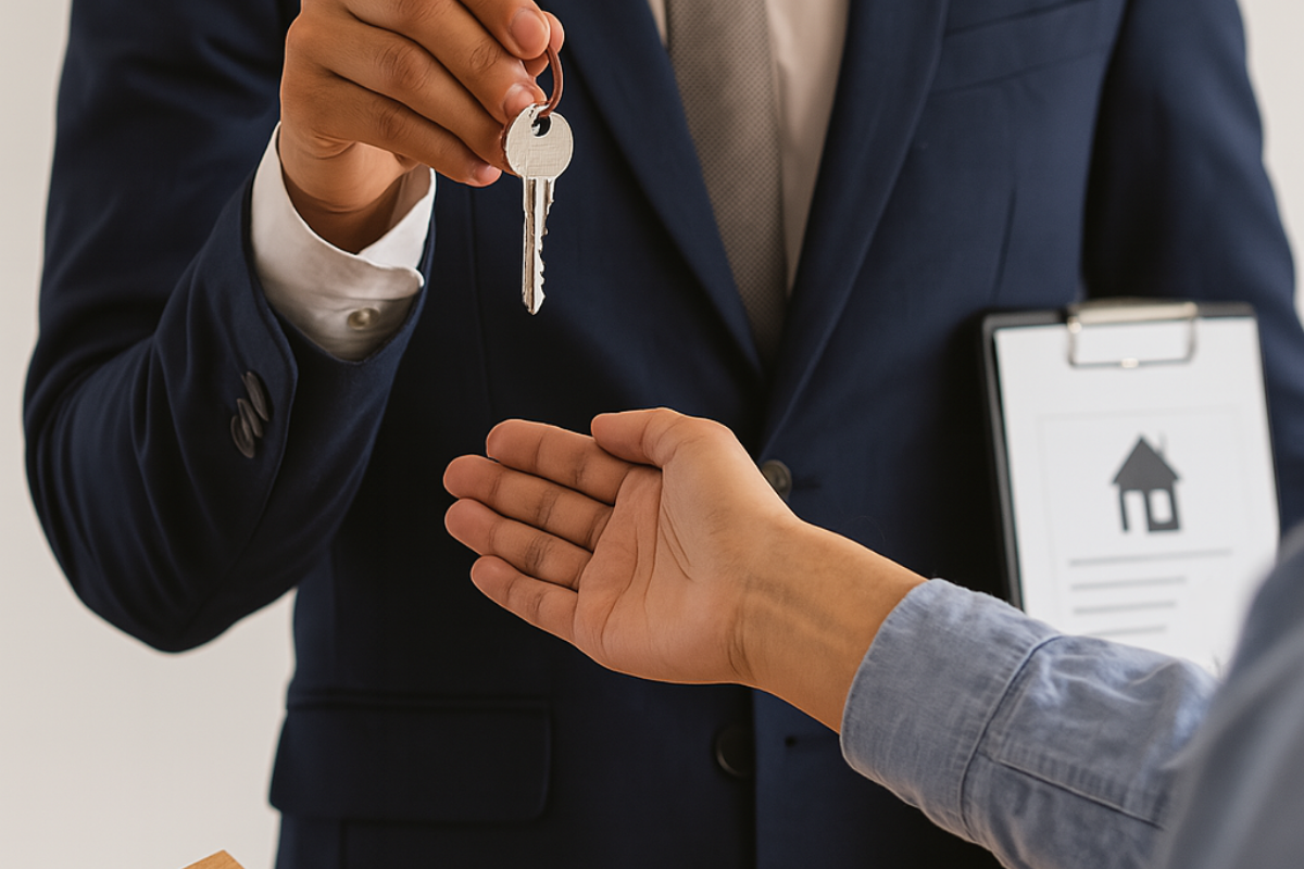 Une personne en costume remet les clés à une autre personne, probablement pour un transfert de propriété.