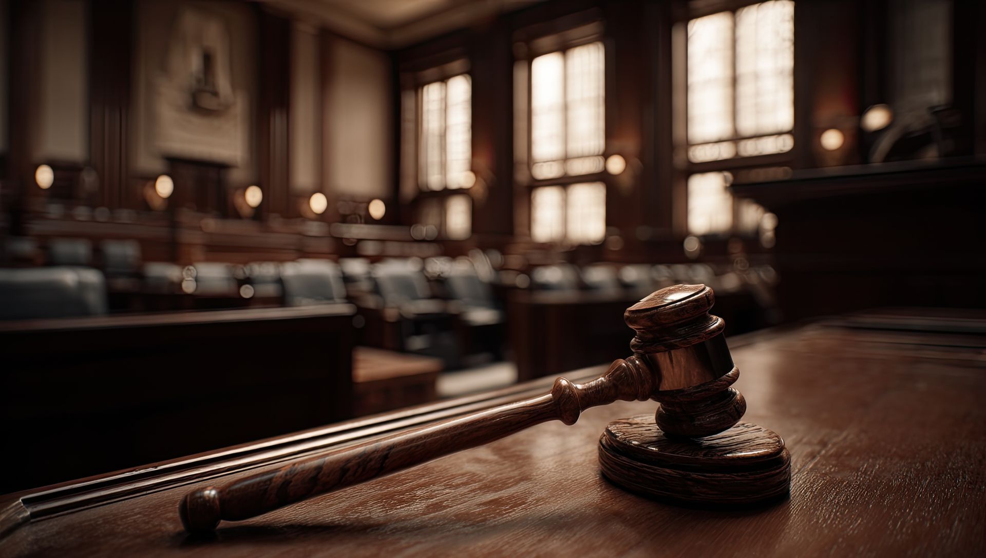 Maillet en bois sur une table dans une salle d'audience vide, avec des rangées de sièges et des fenêtres en arrière-plan.