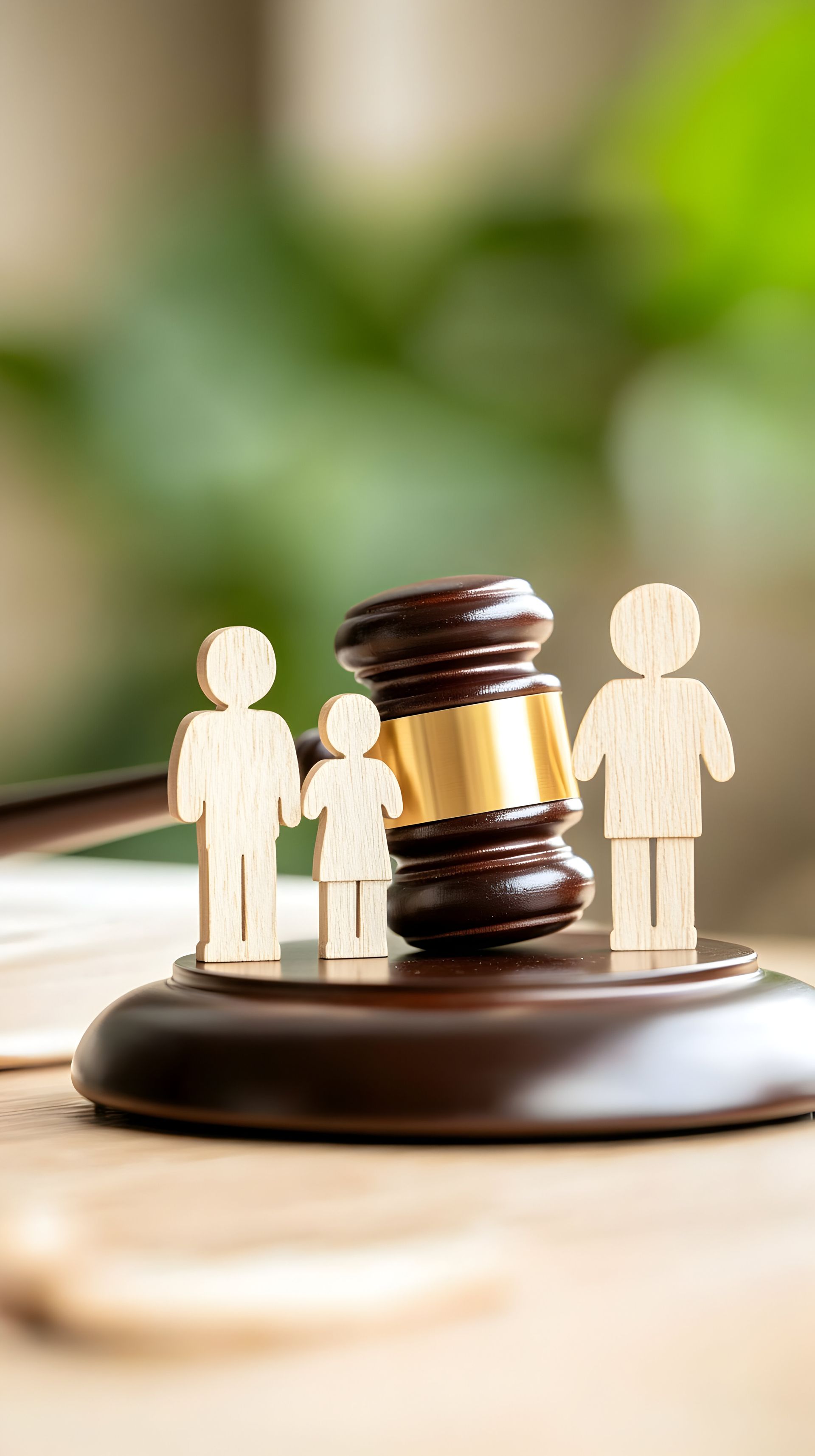 Figurines en bois d'une famille avec un marteau sur un bureau, arrière-plan flou.