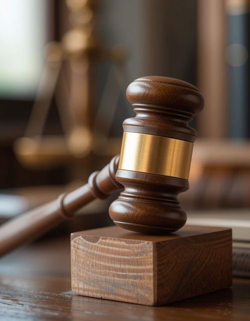 Maillet en bois sur un bloc de bois, avec des balances en arrière-plan, probablement dans une salle d'audience.