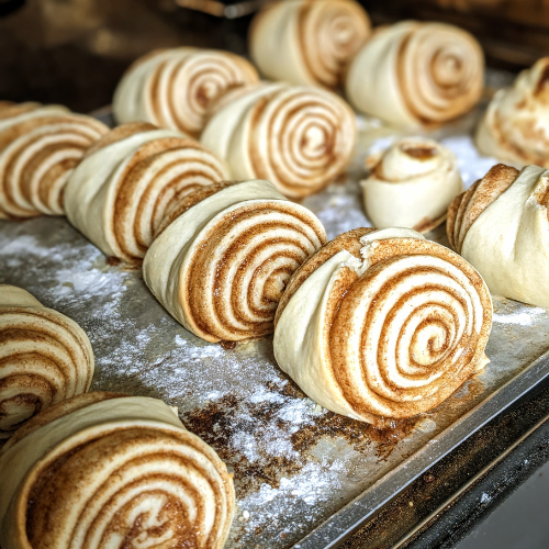 Ein Haufen Zimtschnecken liegt auf einem Tablett