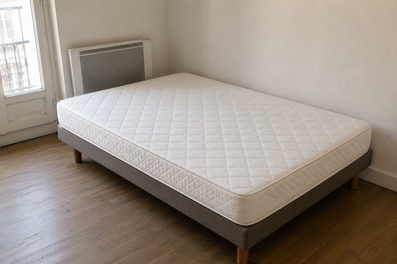 Chambre minimaliste avec un matelas blanc sur un sommier près d'une fenêtre et d'un radiateur, parquet.