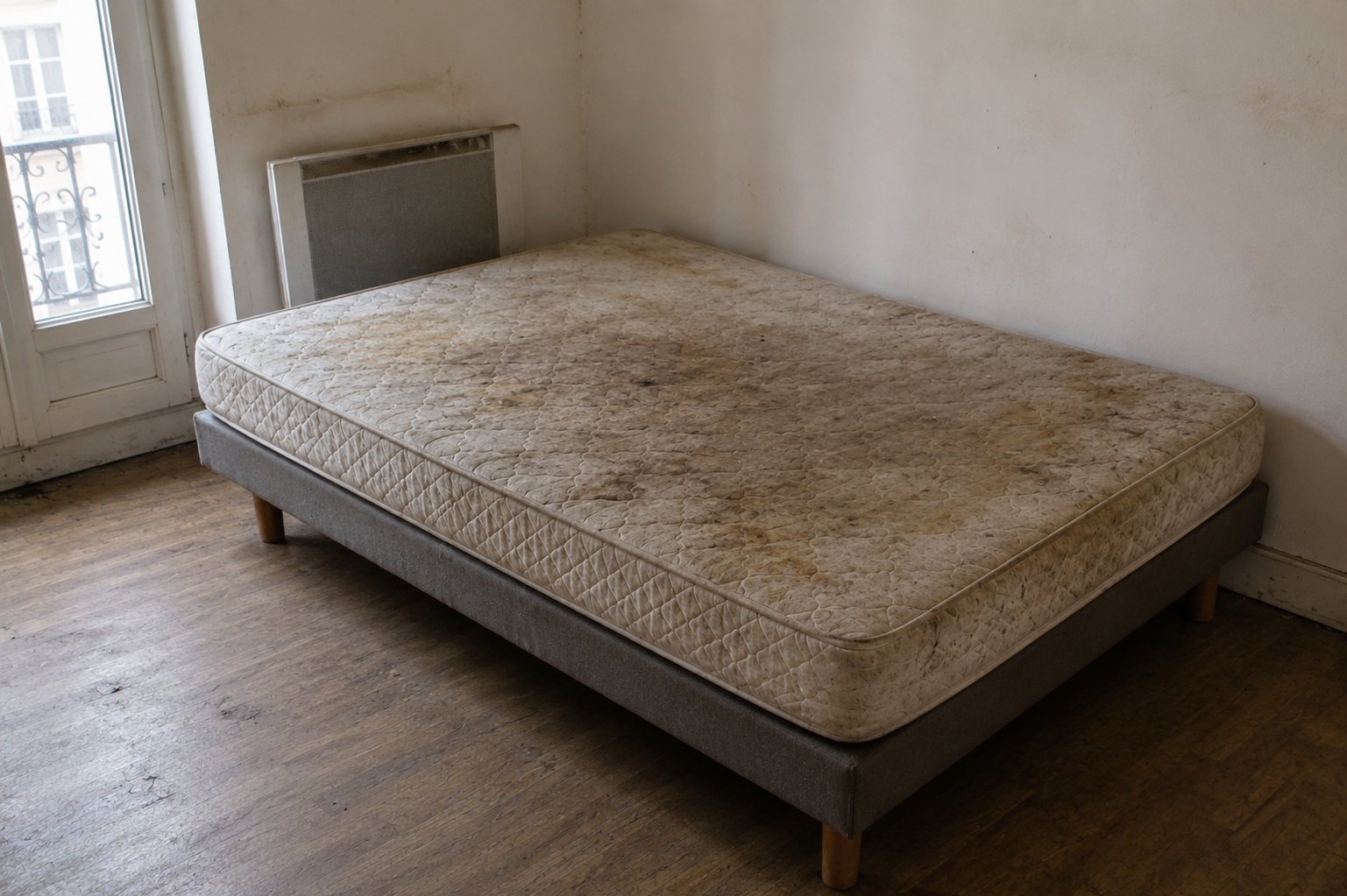 Une chambre nue avec un lit, une tête de lit et une lampe de chevet posée au sol.
