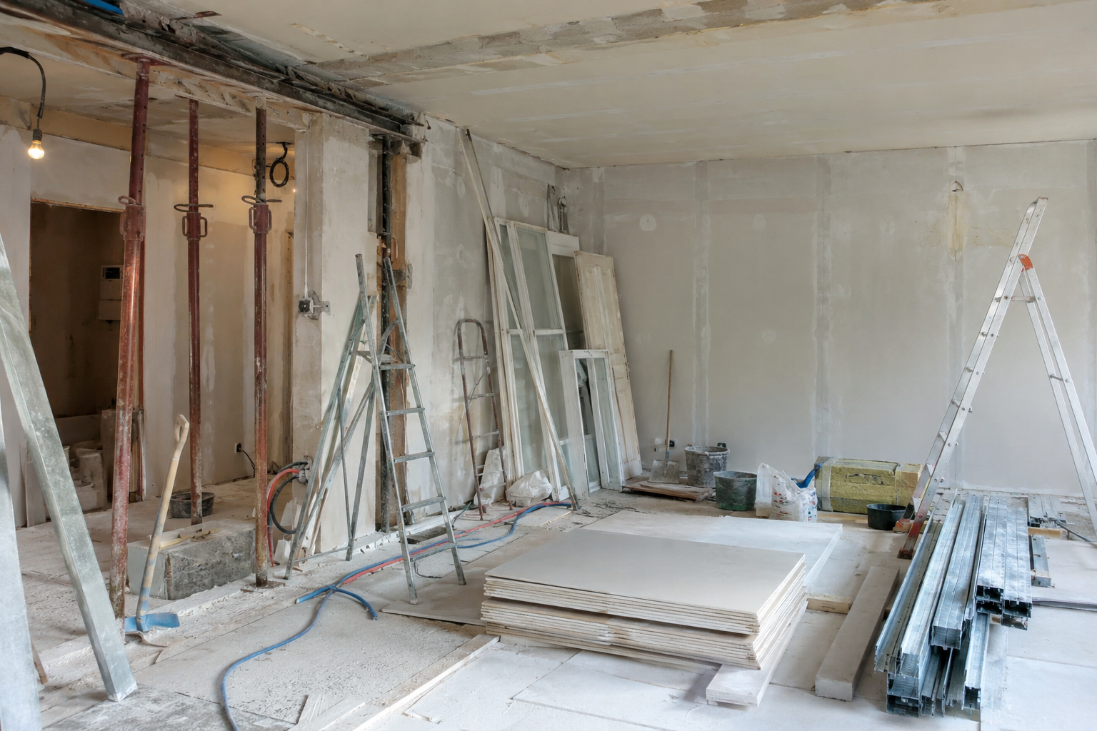 Chantier de rénovation avec murs apparents, échelles, outils et matériaux de construction à l'intérieur.