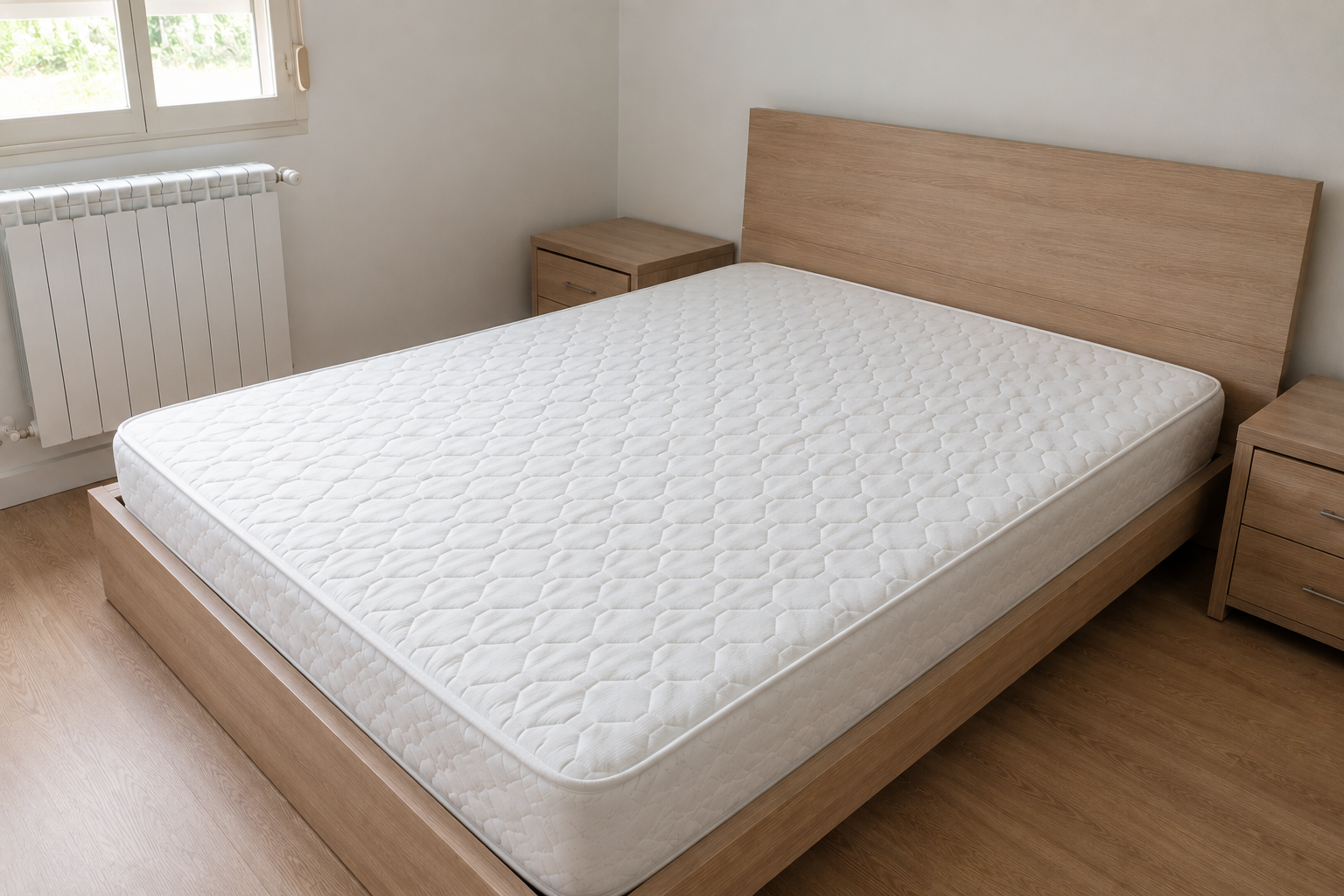 Chambre minimaliste avec un lit blanc à cadre en bois clair, deux tables de chevet et un radiateur près de la fenêtre
