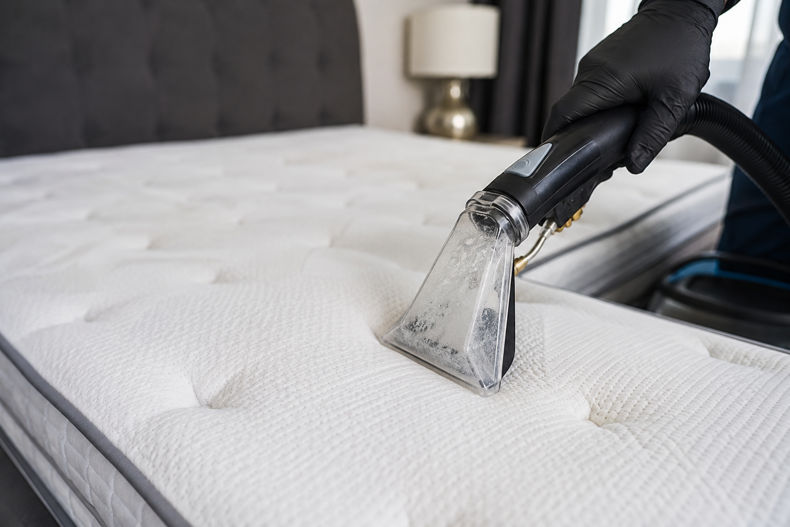 Nettoyeur de tissus d'ameublement portatif aspirant un matelas blanc.