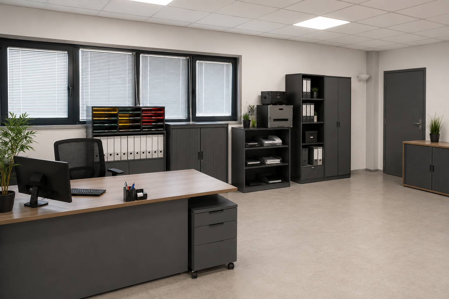 Bureau vide avec bureaux, classeurs et étagères sous des néons au plafond.