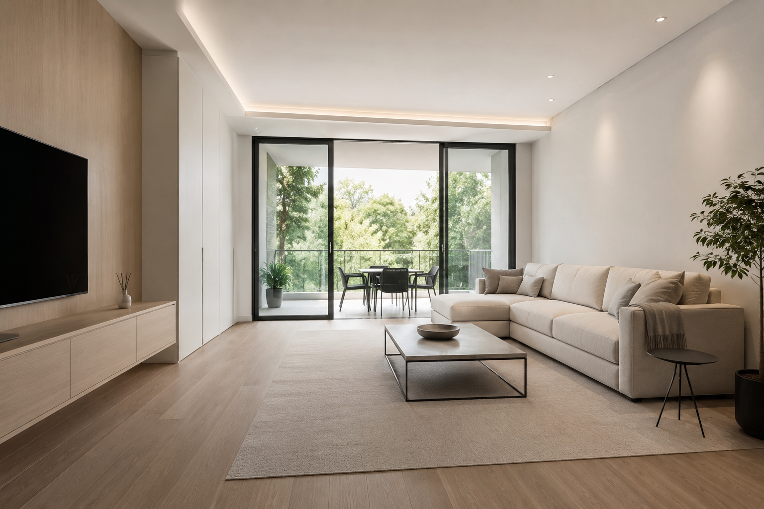 Salon minimaliste et lumineux avec un canapé blanc, une table basse, une télévision murale .