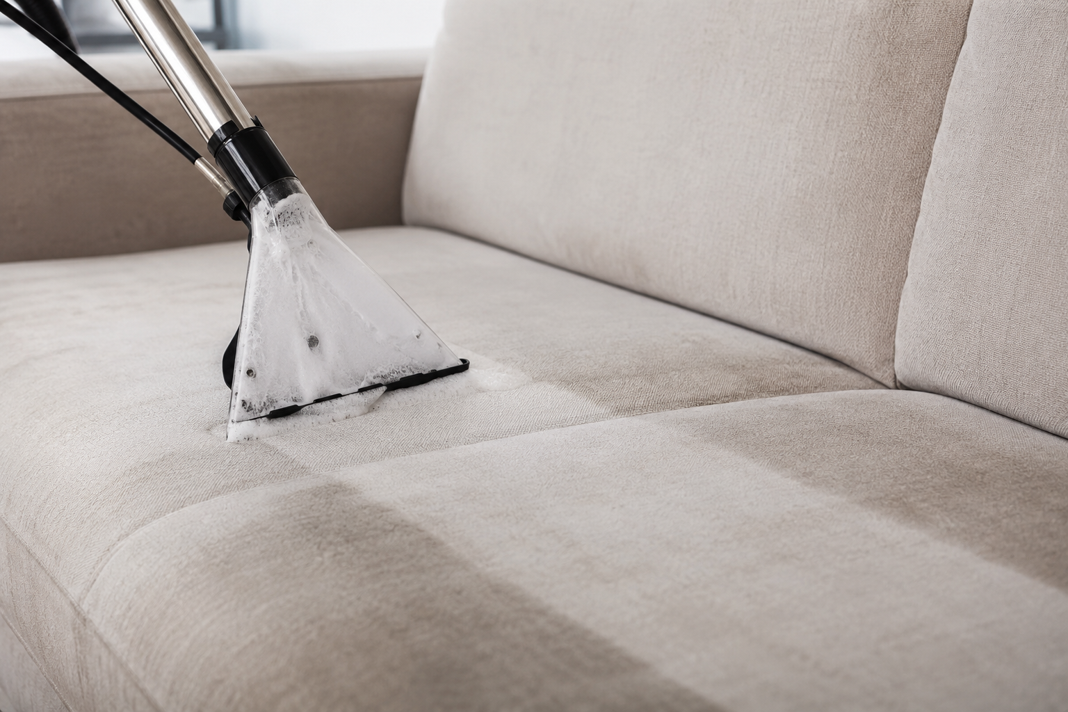 Une femme de ménage passe l'aspirateur sur un canapé beige, enlevant la saleté des coutures du coussin.