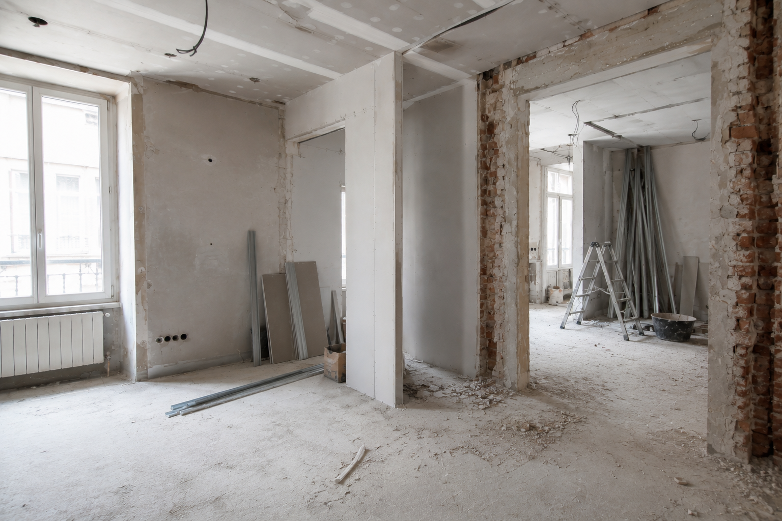 Intérieur d'un appartement abandonné en cours de rénovation, avec briques apparentes.